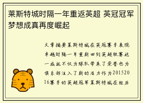 莱斯特城时隔一年重返英超 英冠冠军梦想成真再度崛起 莱斯特城时隔一年重返英超 英冠冠军梦想成真再度崛起